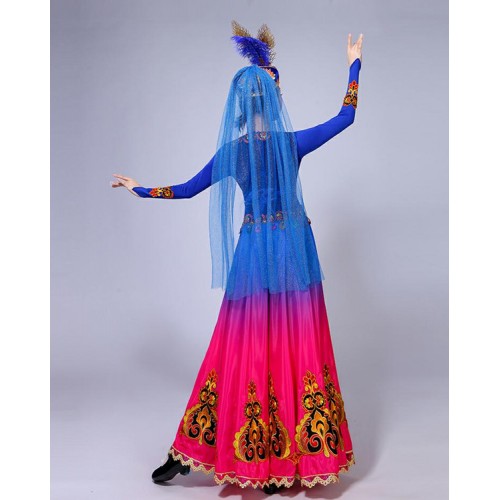 Women's china chinese folk dance dresses royal blue ancient traditional performance xinjiang belly dancing dancers photos cosplay dresses